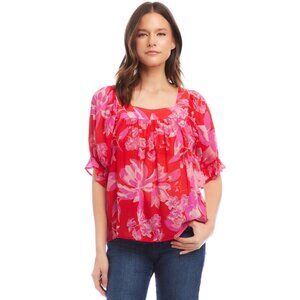Karen Kane Red Pink Floral Square Neck Georgette Top Size XL